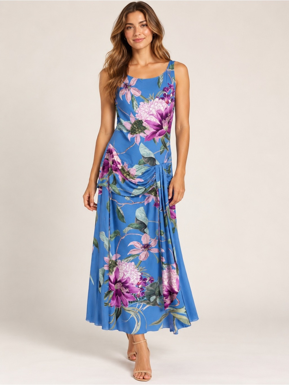 BHLDN Blue Floral Maxi Dress with Pink and Purple Blooms